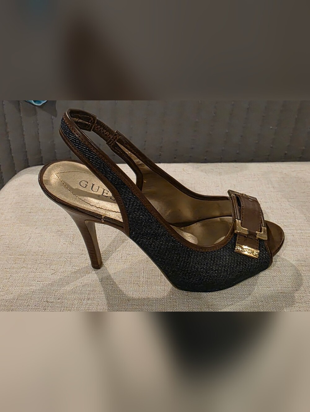GUESS Brown & Navy Peep-Toe Slingback Heels with Gold Buckle - Picture 4 of 6
